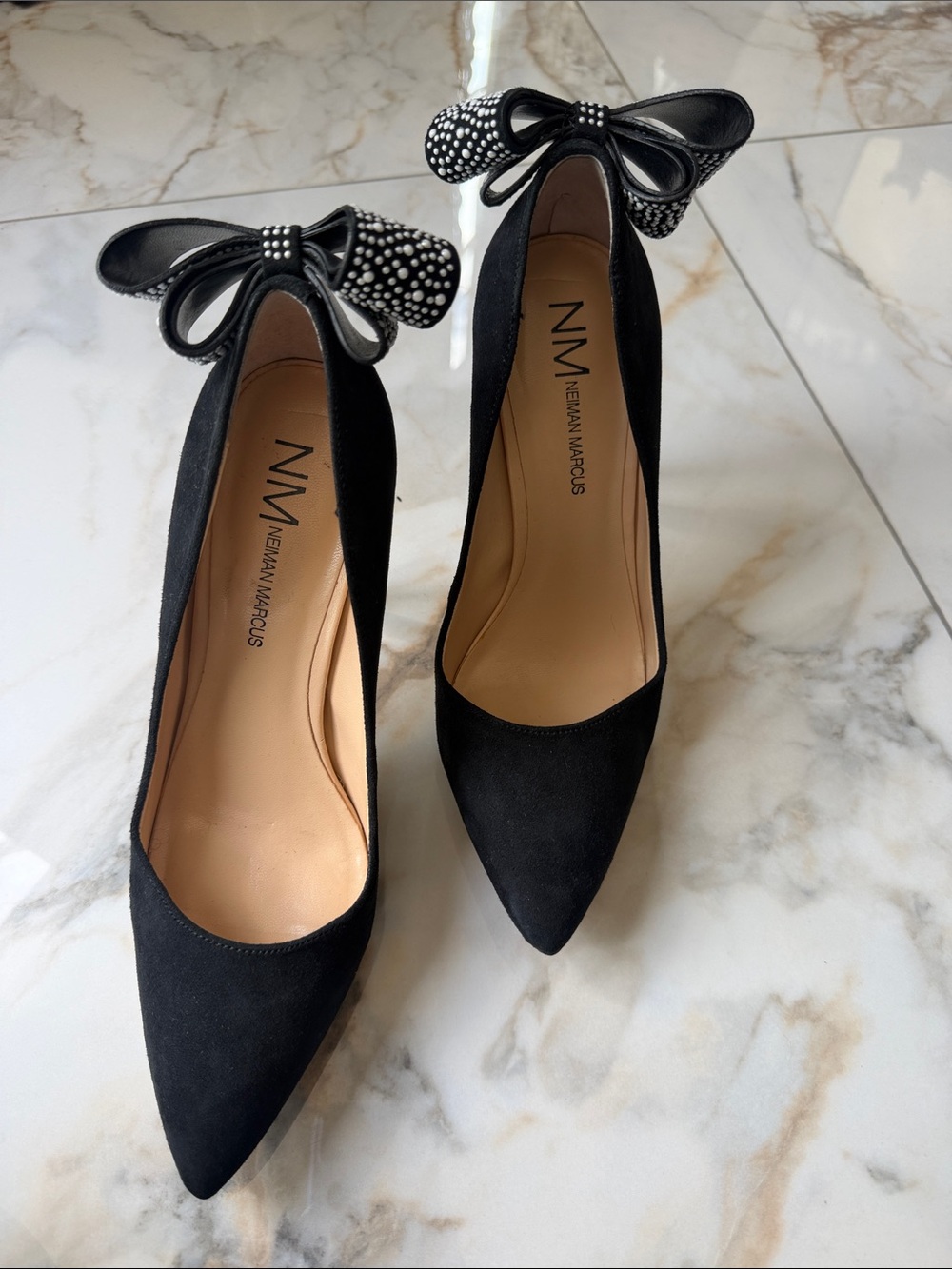 Neiman Marcus Black Suede Pointed Pumps with Bow and Stud Detail